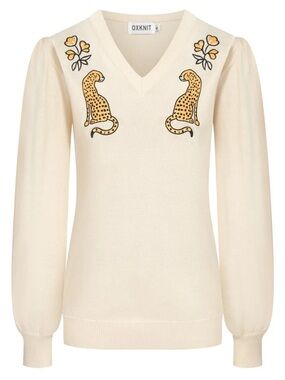 OXKNIT Women’s White Apricot Cheetah Embroidered Bubble Sleeve Knitwear